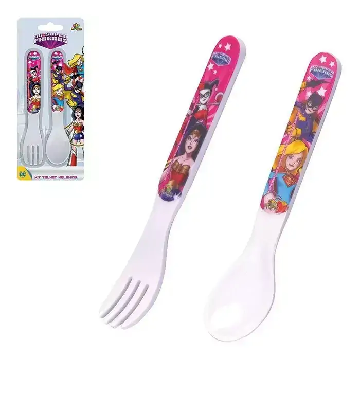 Conjunto de Talheres Infantil com Garfo e Colher com Estampa das DC Super Friends