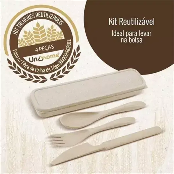 Kit Talheres Reutilizáveis c/ Estojo Feito c/ Fibra de Palha de Trigo Biodegradável Ideal Levar na Bolsa - 145823