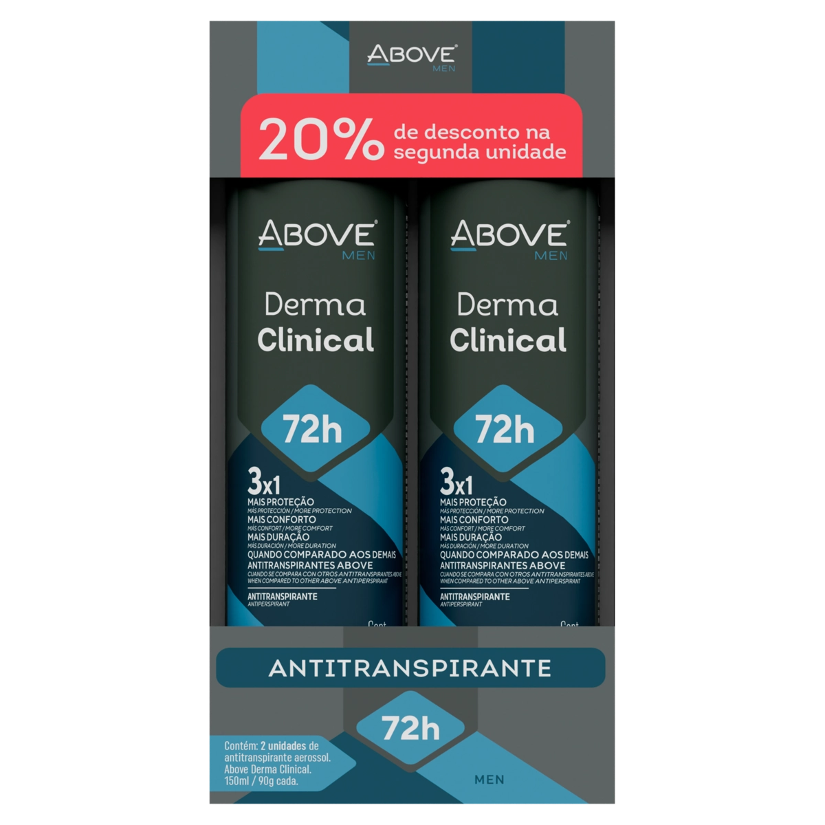 Pack Antitranspirante Aerossol Essencial Above Men Derma Clinical 2 Unidades 150ml Cada Spray Grátis