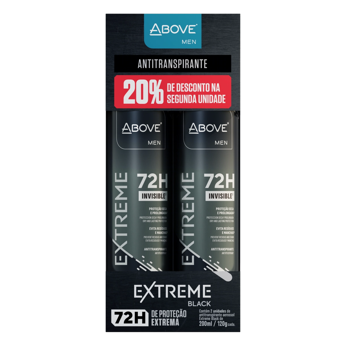 Pack Antitranspirante Jato Seco Invisible Black Above Men Extreme 2 Unidades 200ml Cada Spray Grátis