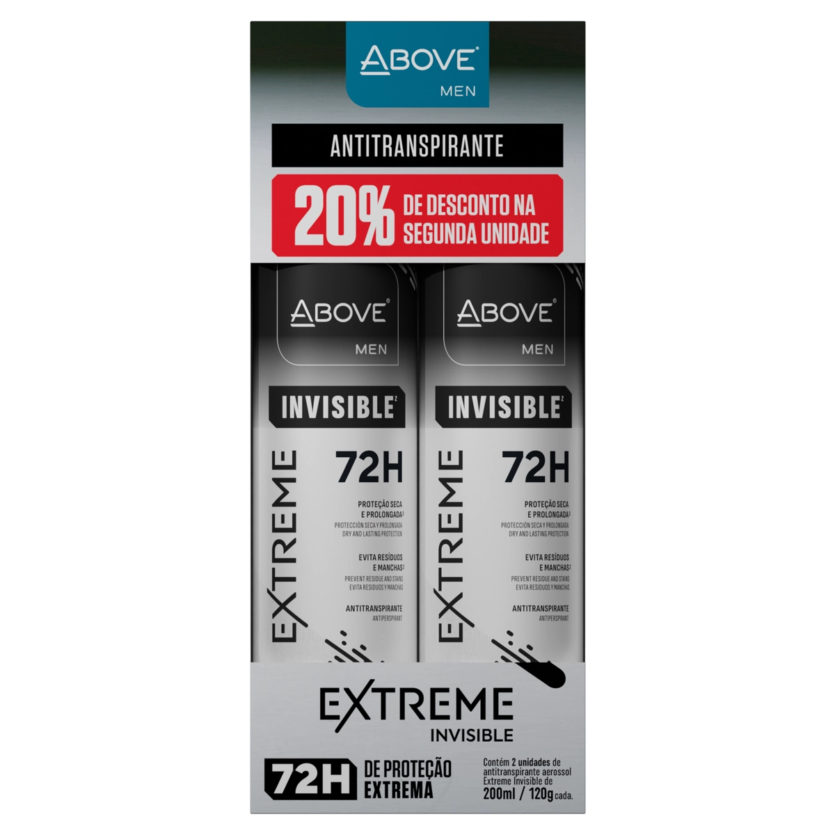 Pack Antitranspirante Jato Seco Invisible Above Men Extreme 2 Unidades 200ml Cada Spray Grátis 20 De