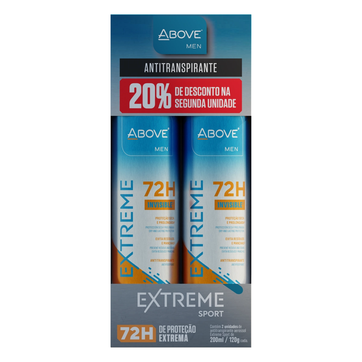 Pack Antitranspirante Jato Seco Invisible Sport Above Men Extreme 2 Unidades 200ml Cada Spray Grátis