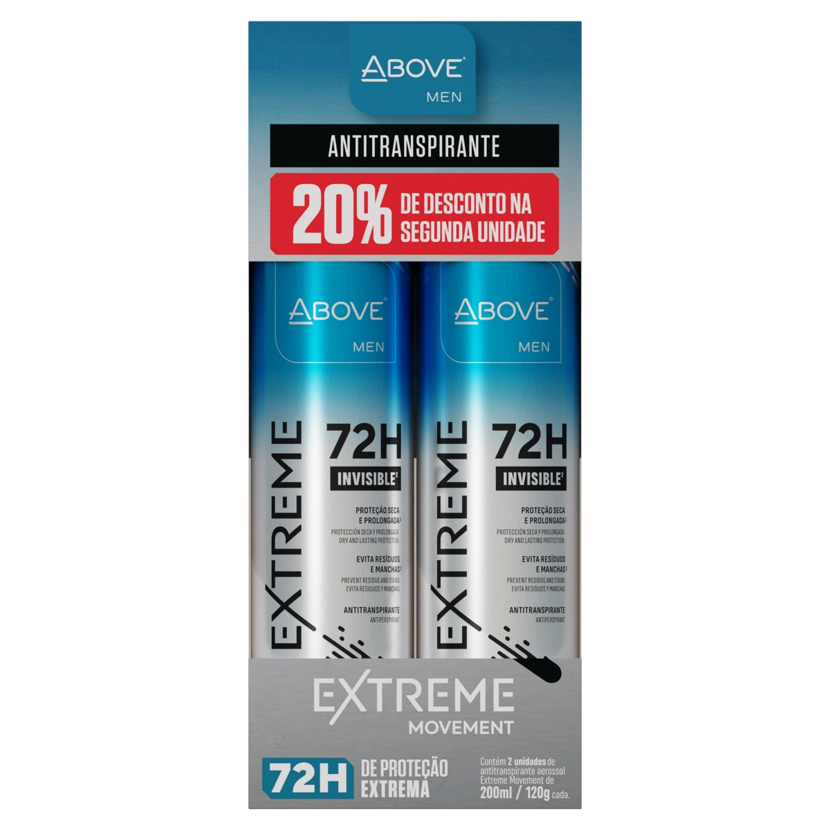 Pack Antitranspirante Jato Seco Invisible Movement Above Men Extreme 2 Unidades 200ml Cada Spray Grá