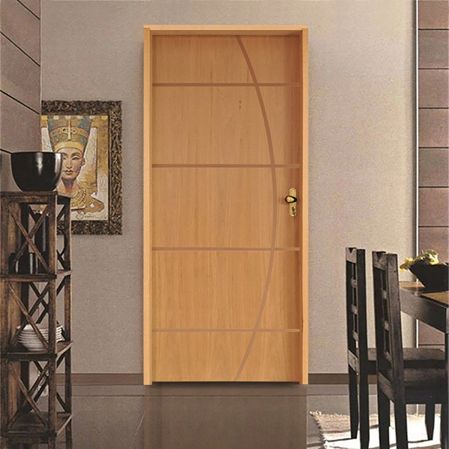 Kit Porta De Madeira 210x62cm Batente 14cm Fechadura Golf Belissima 5 Rodam Abertura Direita Imbuia