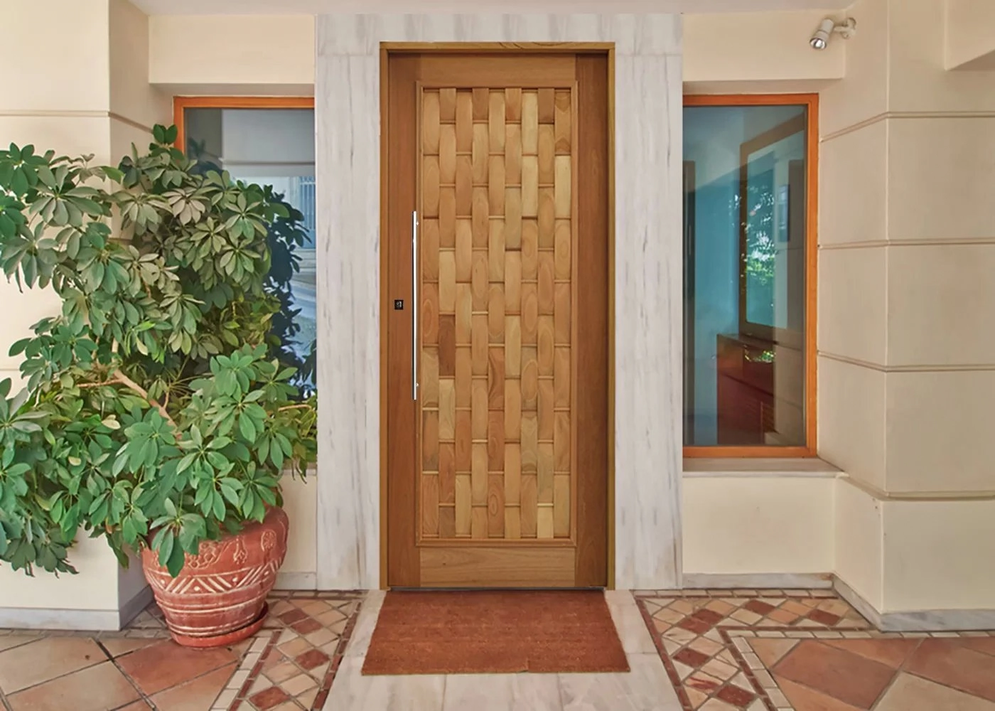 Porta Couro Em Pé Com Visor 210x92cm Batente 14cm Com Puxador Fechadura Rolete Lado Esquerdo Hale Es Eucalipto