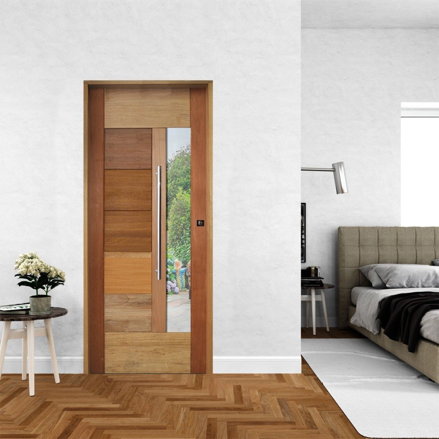 Ki Porta De Madeira Bbb Com Visor 210x82cm Batente 14cm Fecharura Rolete Rodam Abertura Direita Padrão Cedrinho