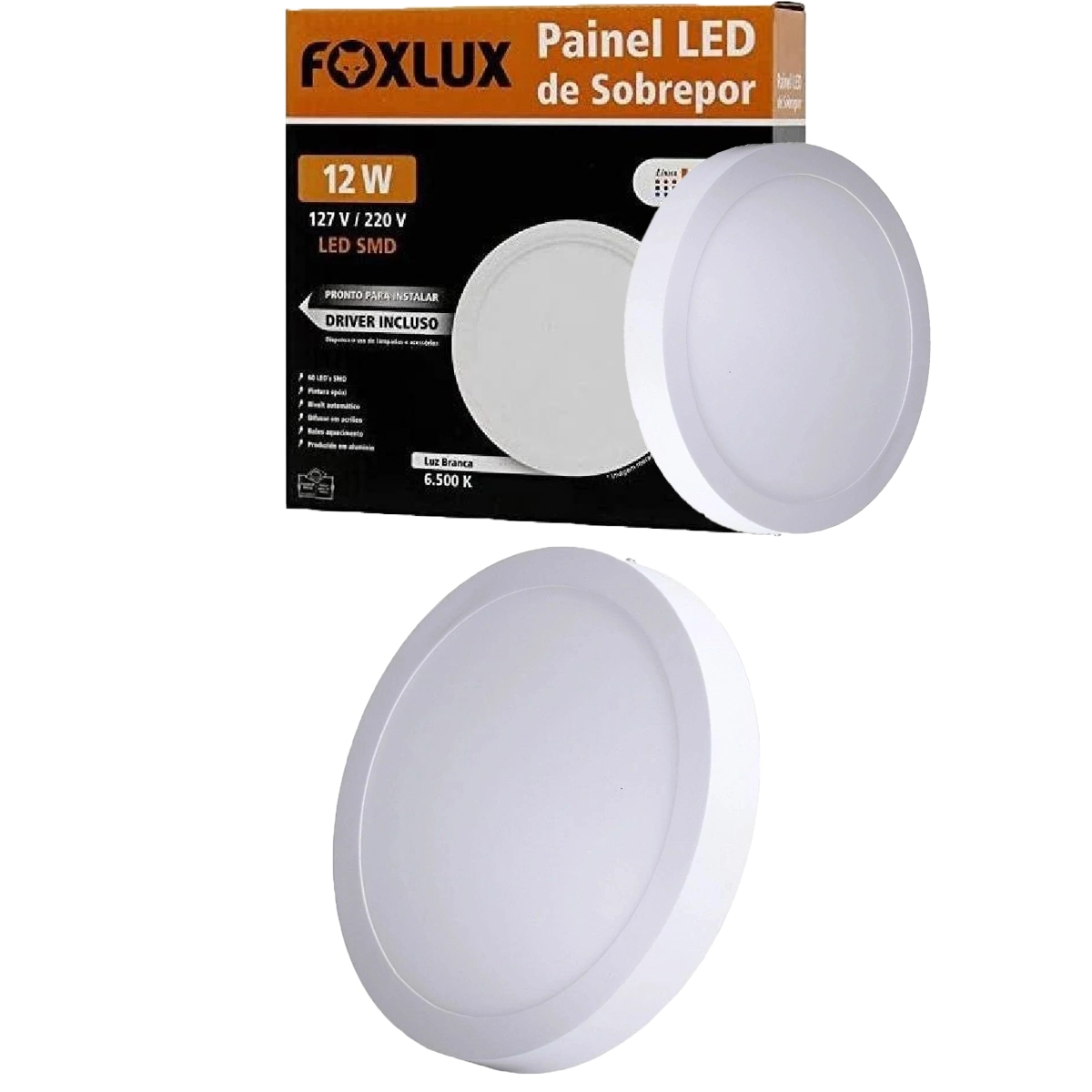 Kit 2 Painel Led Foxlux Redondo Sobrepor 12w 6500k Branco