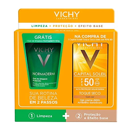 Kit Protetor Solar Toque Seco Com Cor Fps 50 50g Grátis Gel De Limpeza Profunda Normaderm 60g Vichy