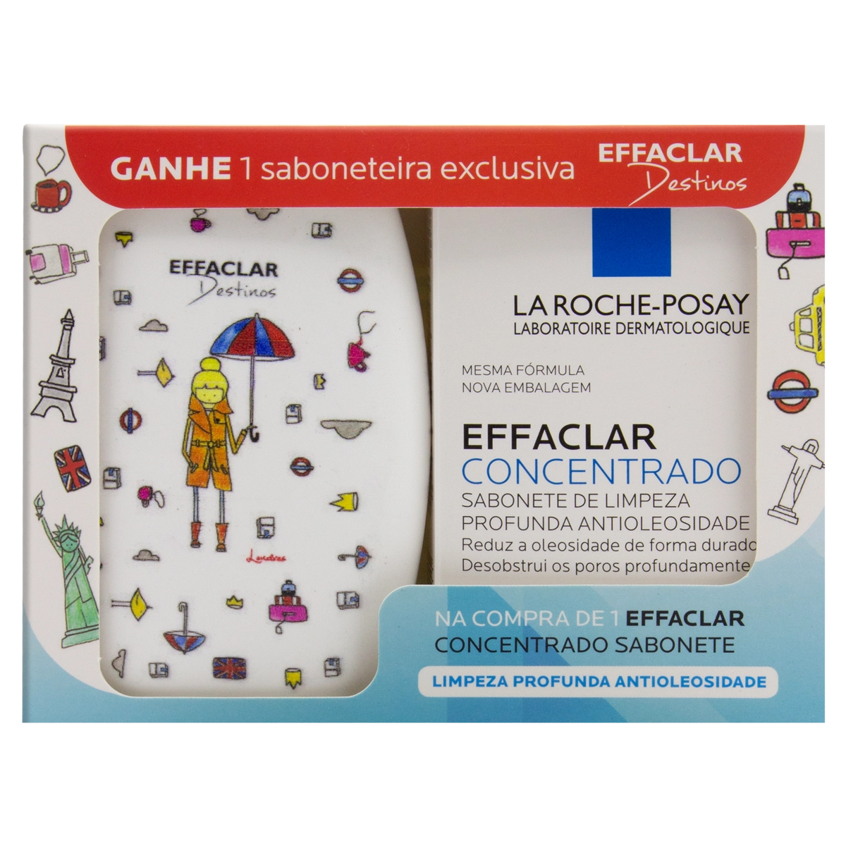 Kit Sabonete Barra Concentrado 70g Grátis Saboneteira Londres Destinos La Roche Posay Effaclar