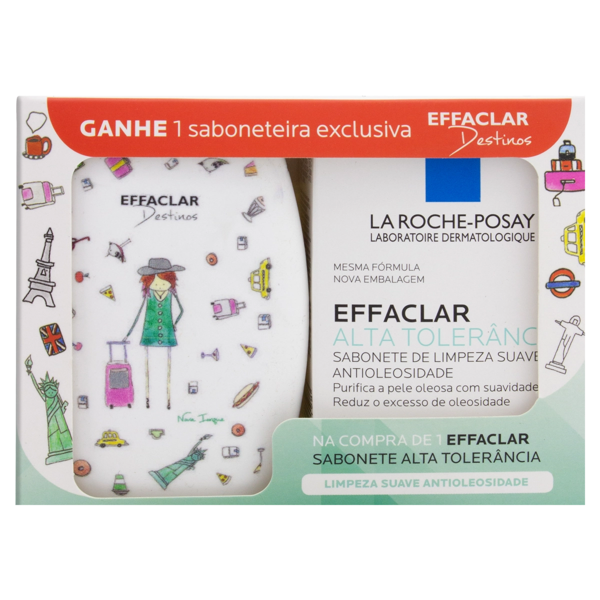Kit Sabonete Barra Alta Tolerância 70g Grátis Saboneteira Nova Iorque Destinos La Roche Posay Effacl