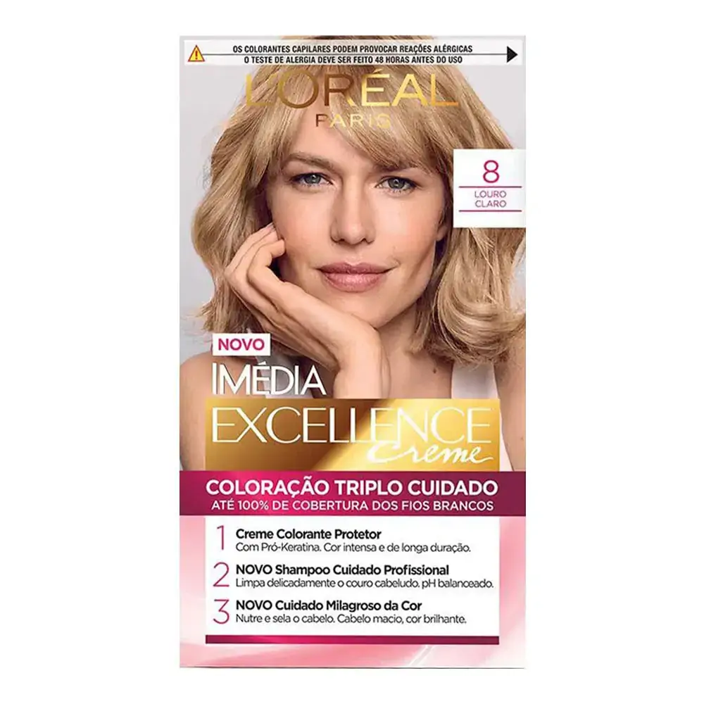Kit Coloração Creme 8 Louro Claro Loréal Paris Imédia Excellence Grátis Condicionador Cuidado Milagr