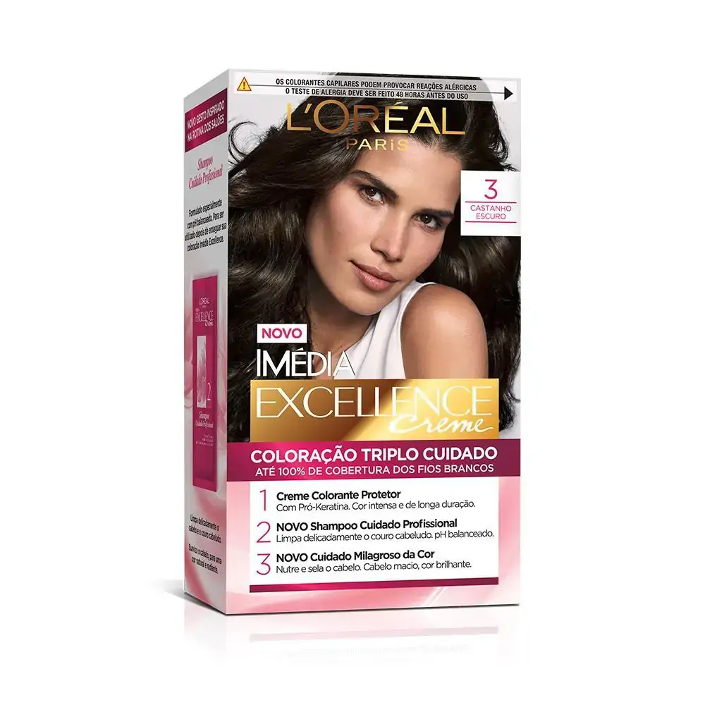 Kit Coloração Creme 3 Castanho Escuro Loréal Paris Imédia Excellence Grátis Condicionador Cuidado Mi