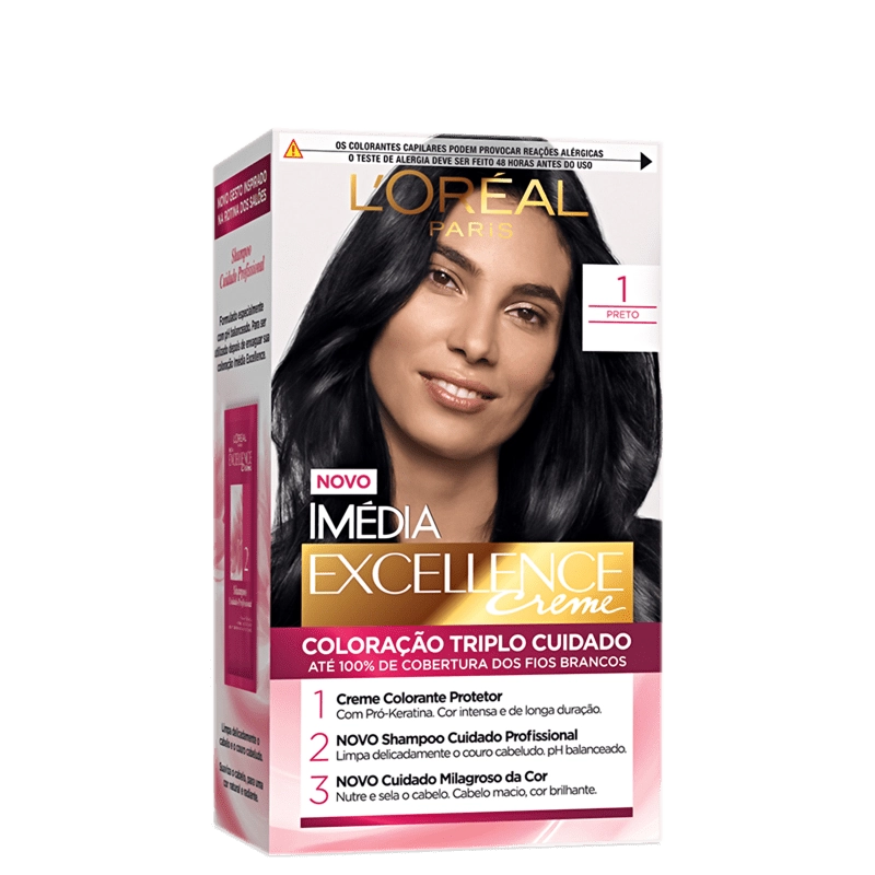Kit Coloração Creme 1 Preto Loréal Paris Imédia Excellence Grátis Condicionador Cuidado Milagroso Da