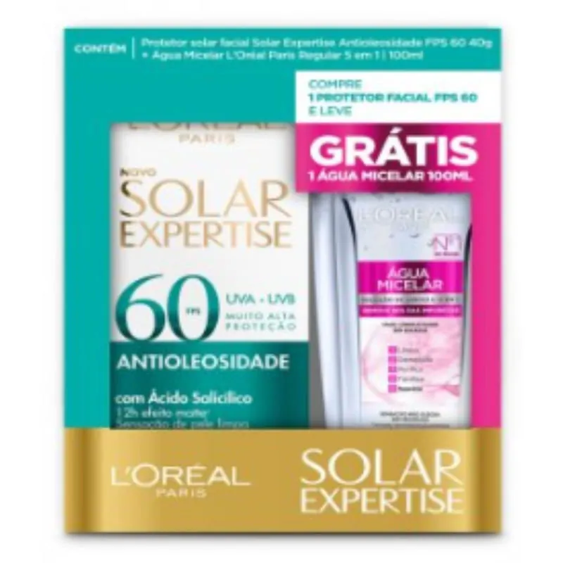 Kit L'oréal Protetor Solar Facial Expertise Antioleosidade FPS 60 com 40 g + Água Micelar com 100 ml