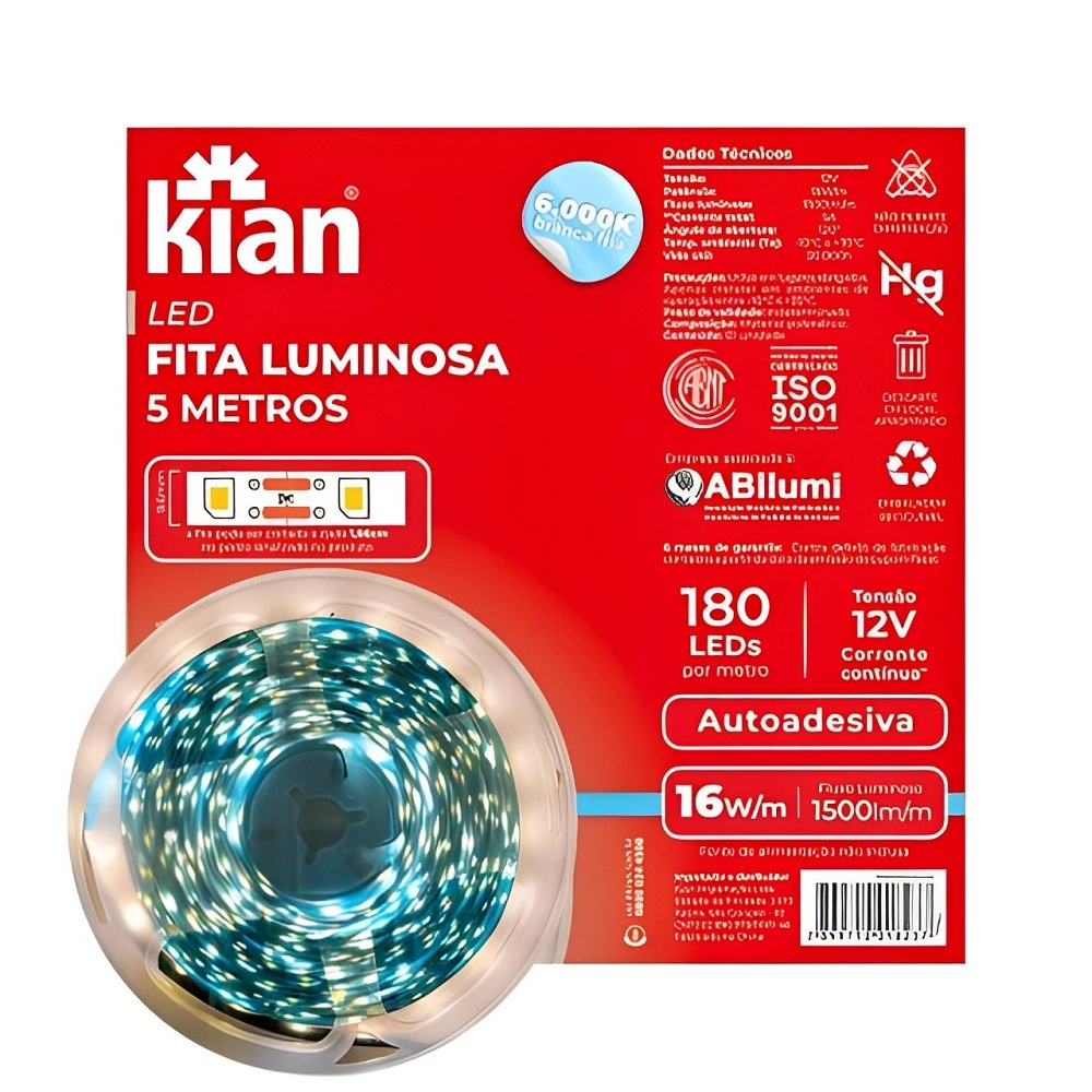 Fita Led 180 Leds/m Rolo 5m 12v 6000k S/ Fonte Kian