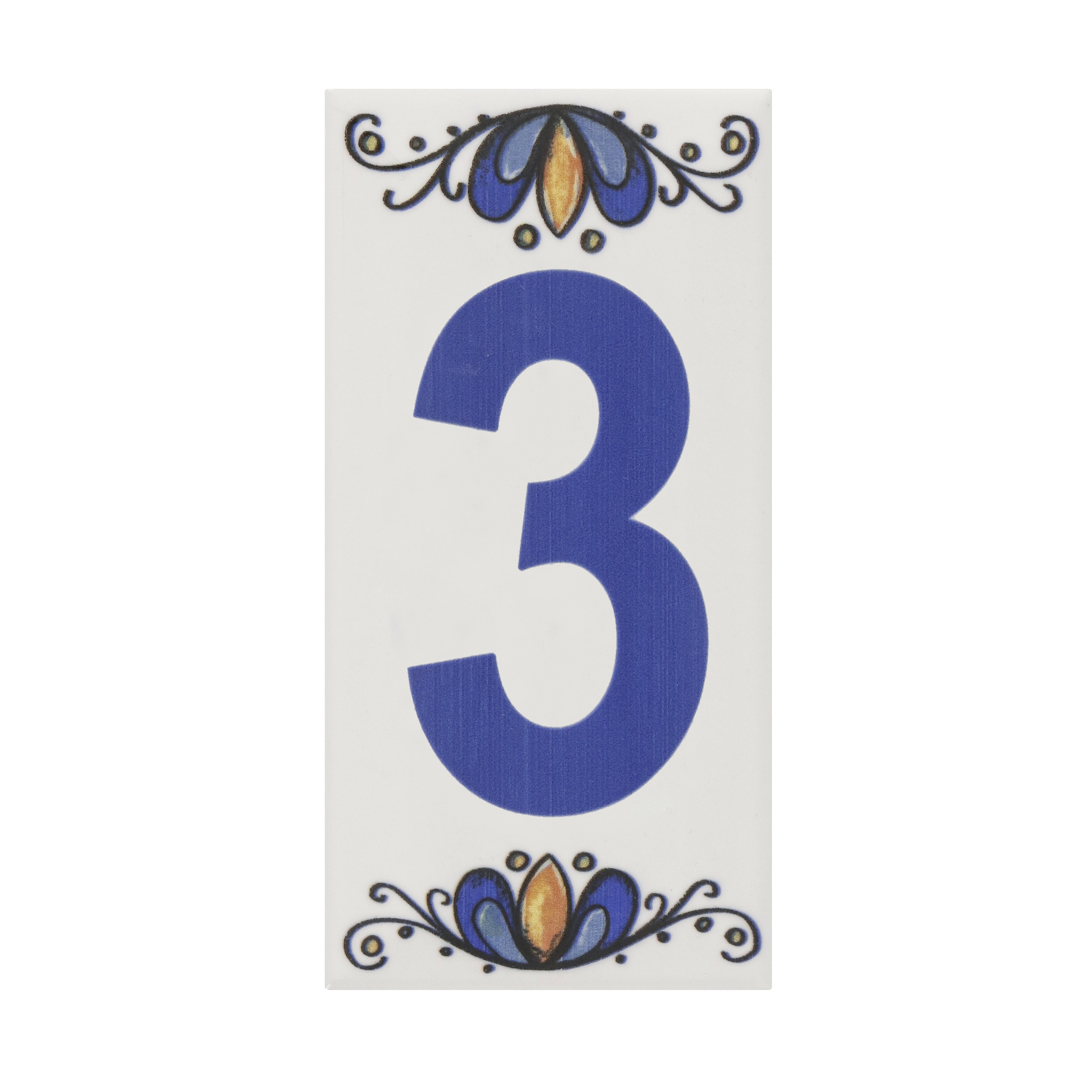 Número Casa "3" 15cm Assentado Cerâmica Azul e Branco