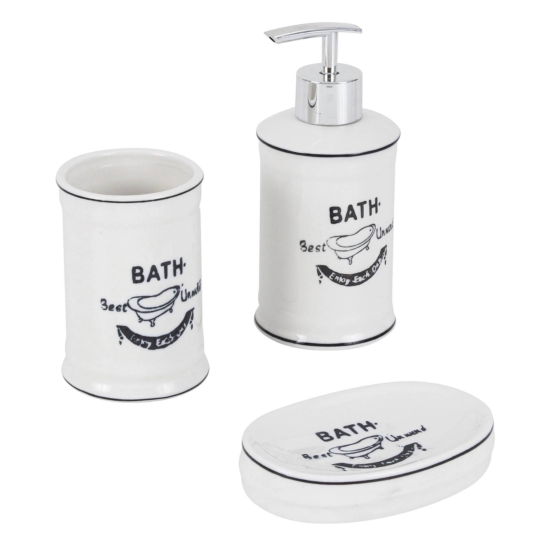 Kit Acessórios de Bancada para Banheiro 3 Peças Cerâmica Branco e Preto Espressione Mabruk
