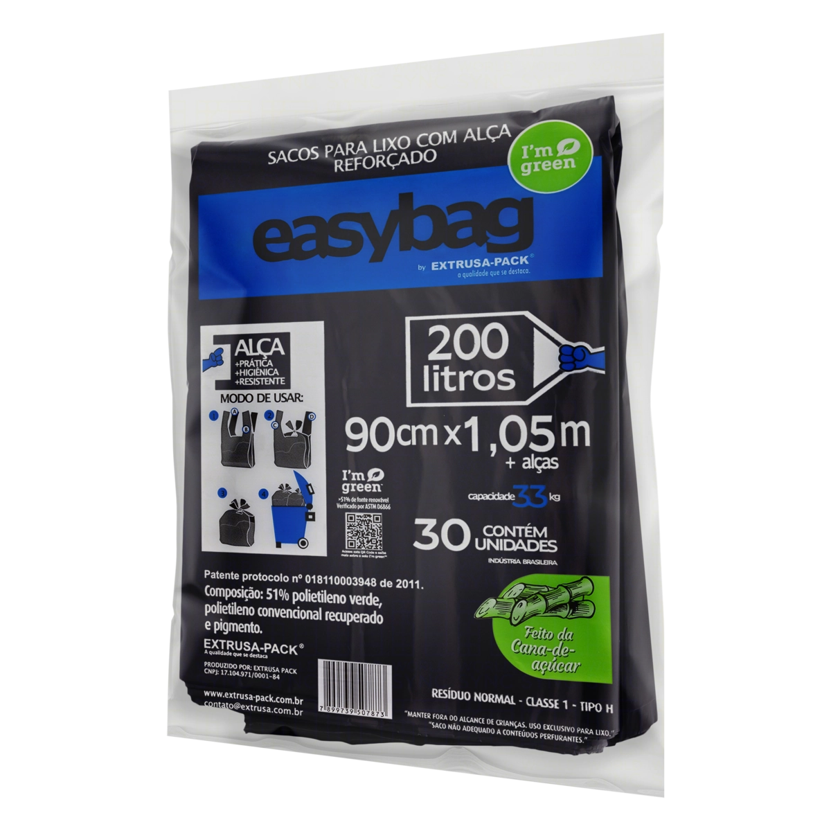 Saco Para Lixo Tipo H Reforçado Com Alça 200l Extrusa Pack Easybag 30 Unidades
