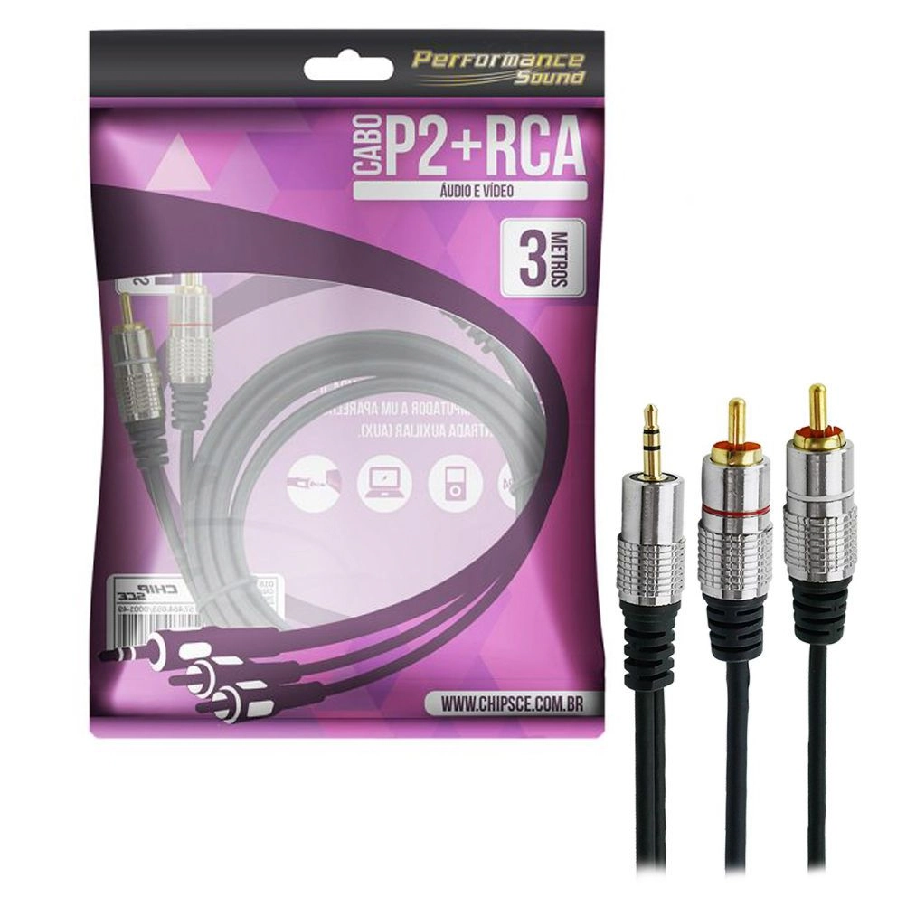Cabo P2+rca Fitz - P2 Estereo X 2 Rca Macho Plug Metal - 3m