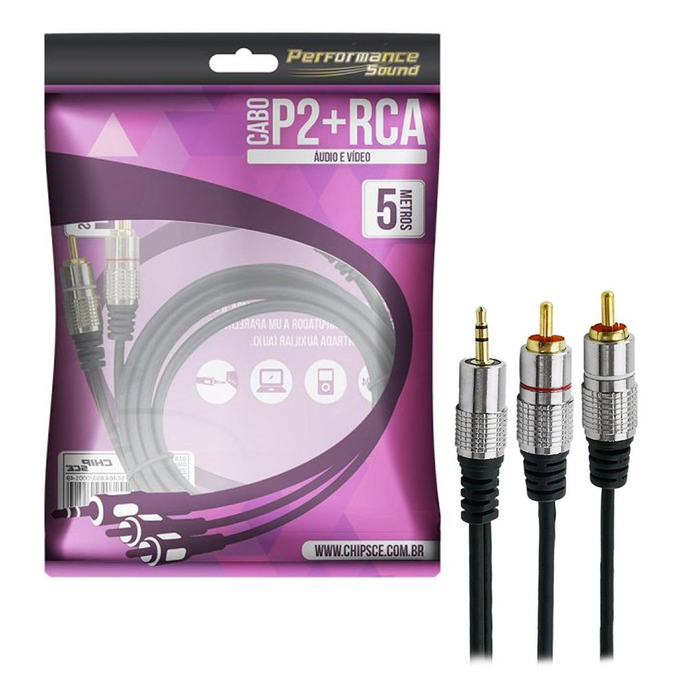 Cabo P2+rca Fitz - P2 Estereo X 2 Rca Macho Plug Metal - 5m