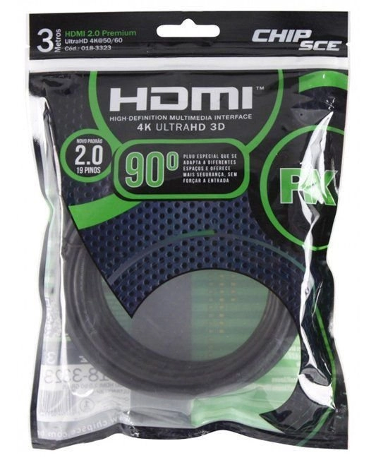 Cabo HDMI 3 metros 90 graus 2.0 polybag 018-3323
