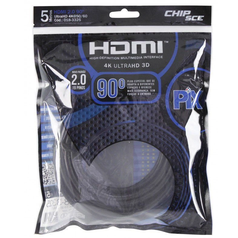 Cabo HDMI 5 metros 90 graus 2.0 polybag 018-3325