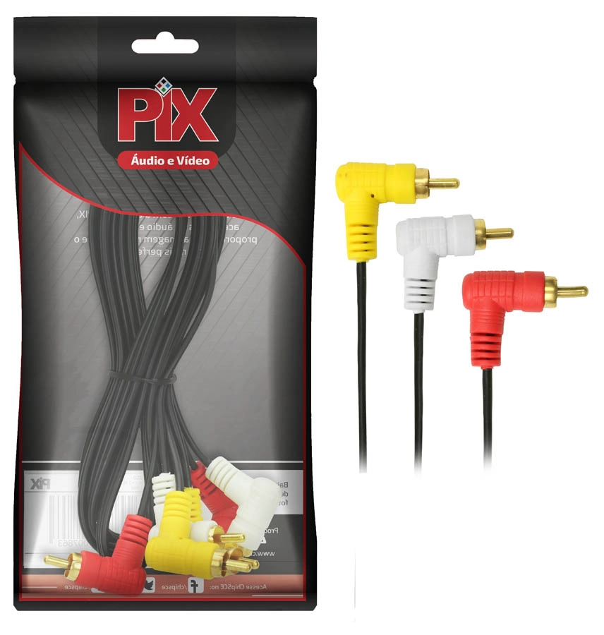 Cabo 3+3 Rca Áudio Vídeo 1,8 Metros Gold 24k Plug 90 Graus