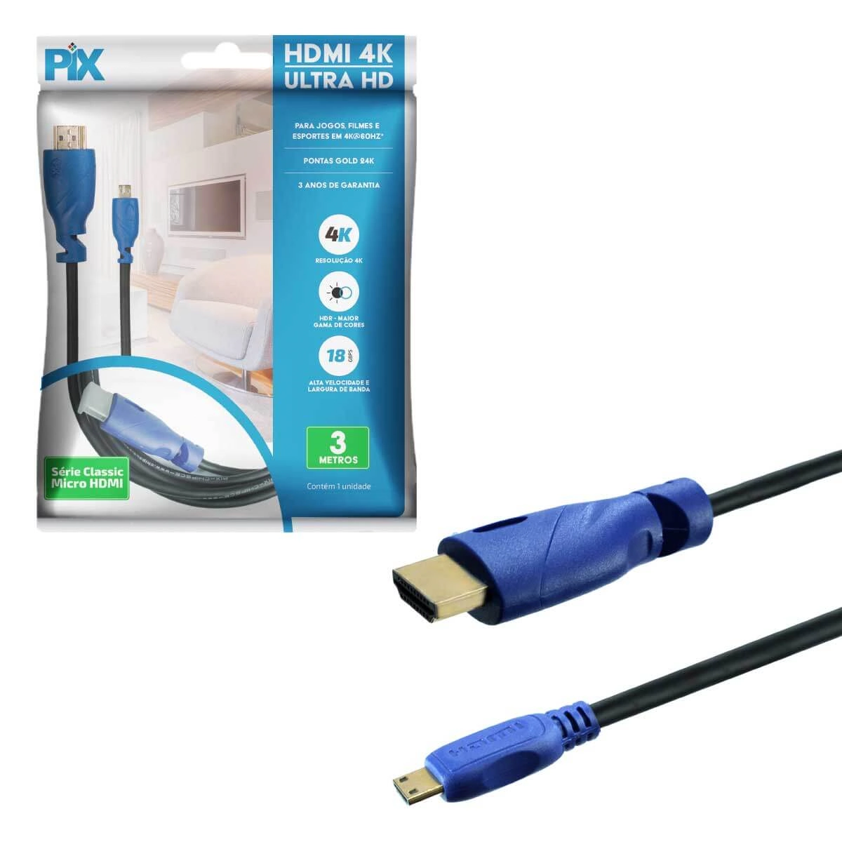 Cabo Micro Hdmi X Hdmi 3 Metros 2.0 19p 4k Live Câmera Dslr