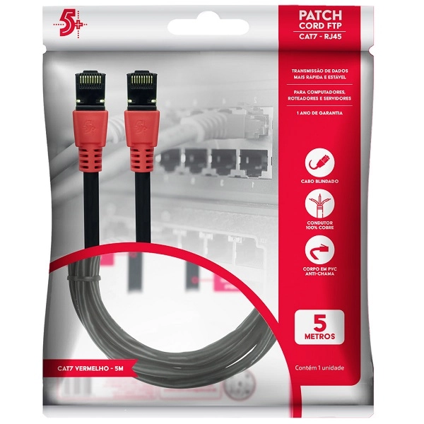 Cabo De Rede Cat7 Patch Cord Ftp 600 Mhz 10 Gbps 5 Metros Vermelho