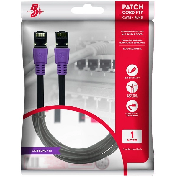 Cabo De Rede Cat8 Patch Cord Ftp 2000 Mhz / 40 Gbps 1m Roxo