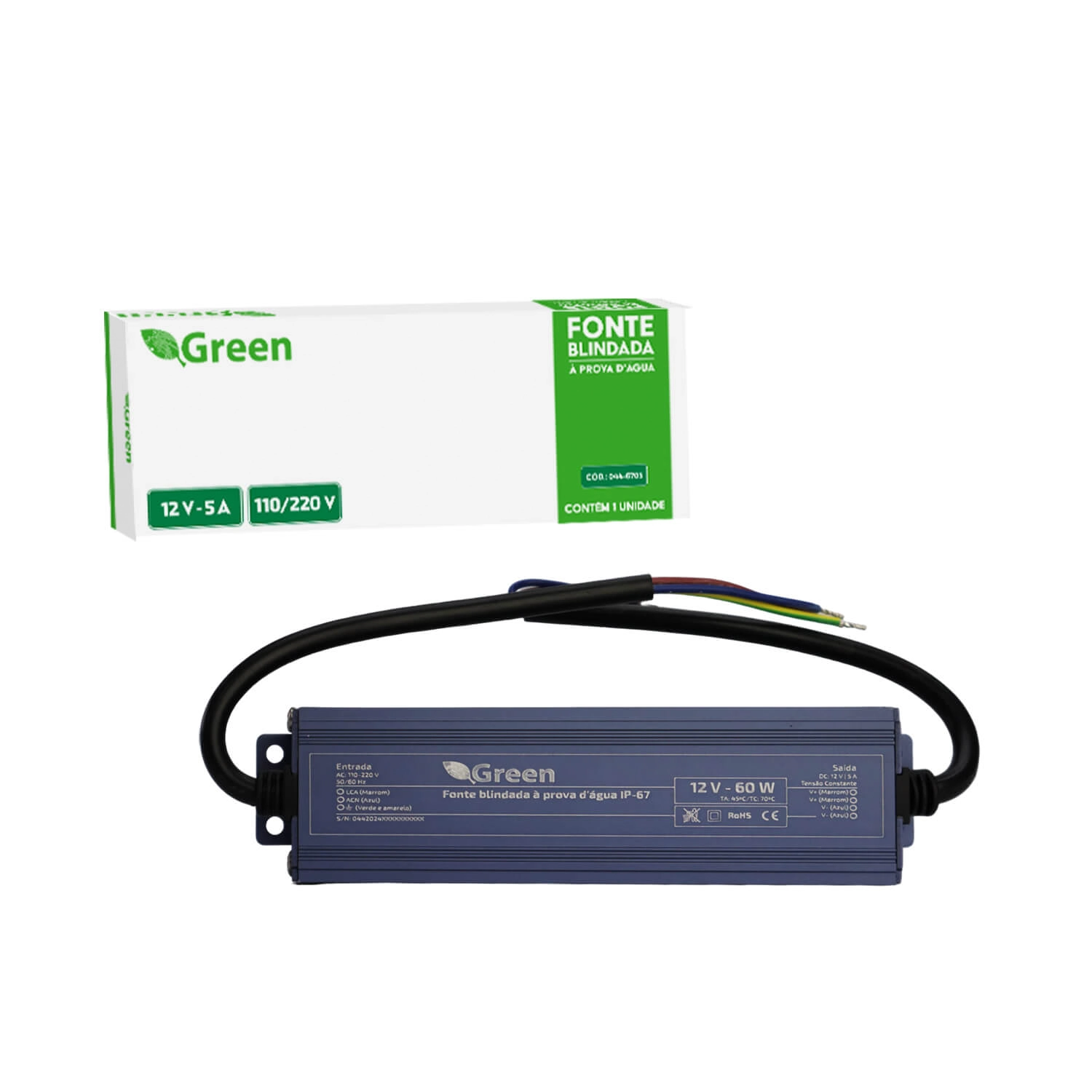 Fonte Blindada Prova D água Ip67 12v 5a P/ Leds Cftv Bivolt