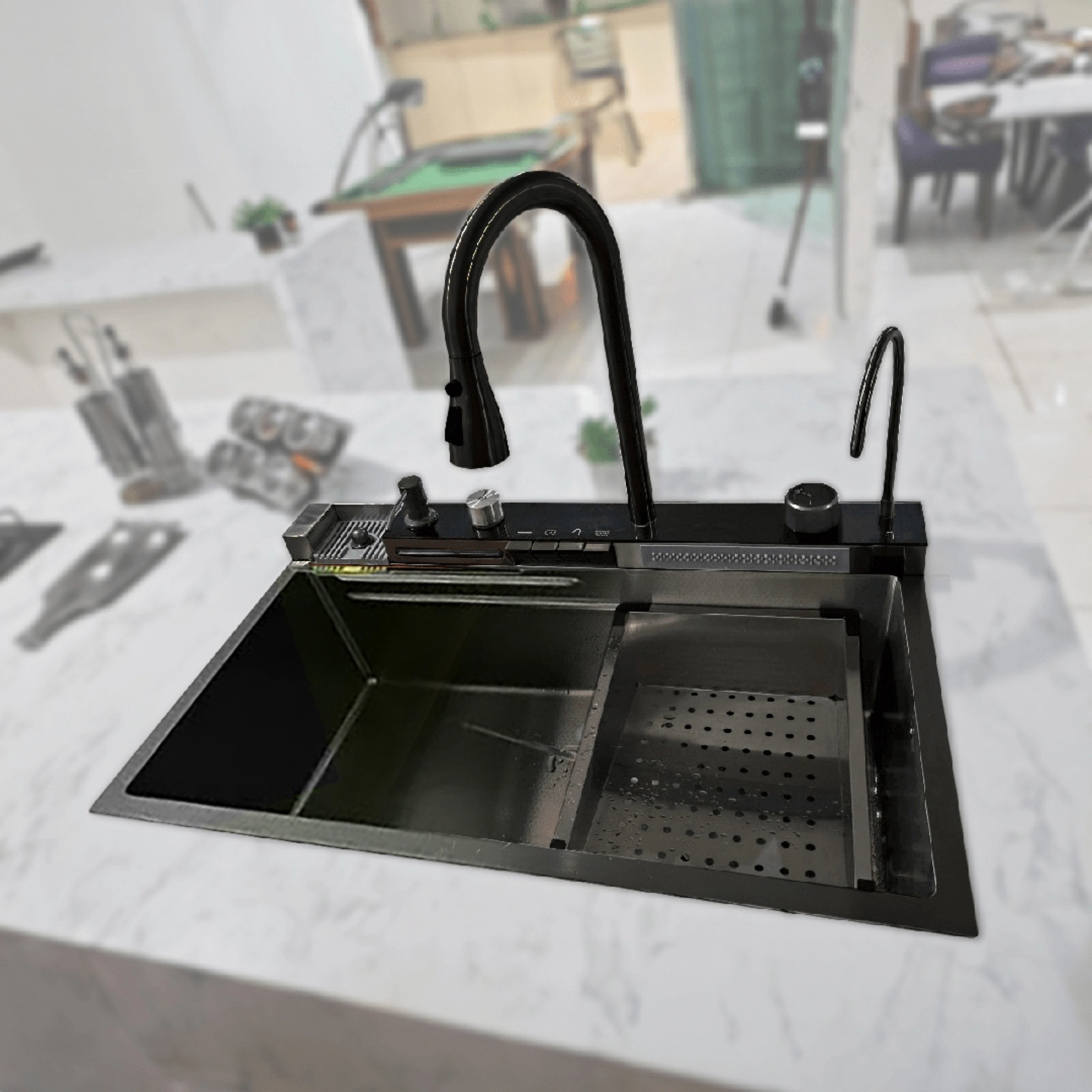 Cuba para Cozinha Gourmet Sobrepor Inox 201 Preto 75x50x20,5cm com Torneira Lavador de Copos e Dosador de Sabão Kokay