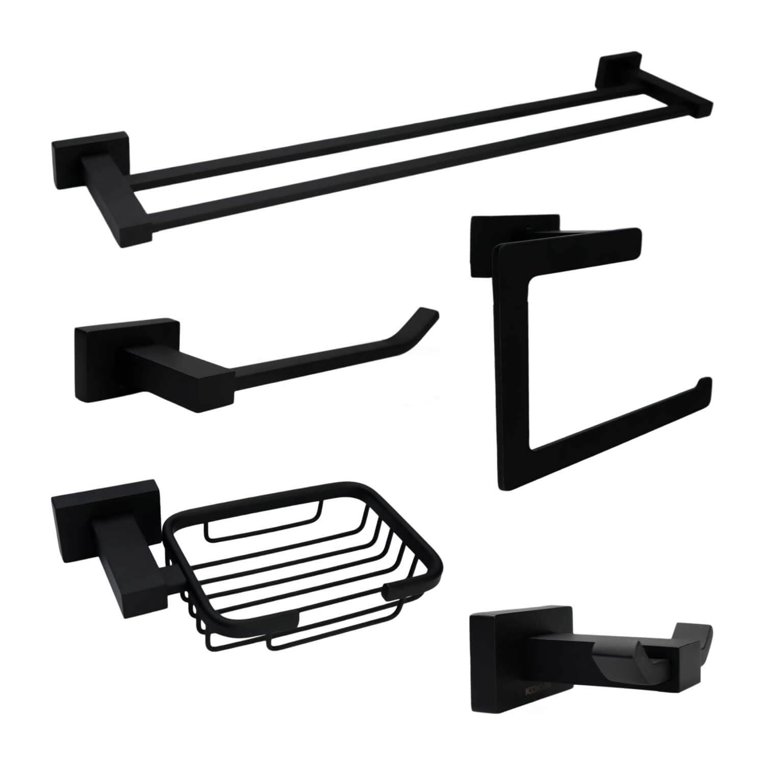 Kit Acessórios Quadrado Luxo Banheiro Inox 5 Peças Preto