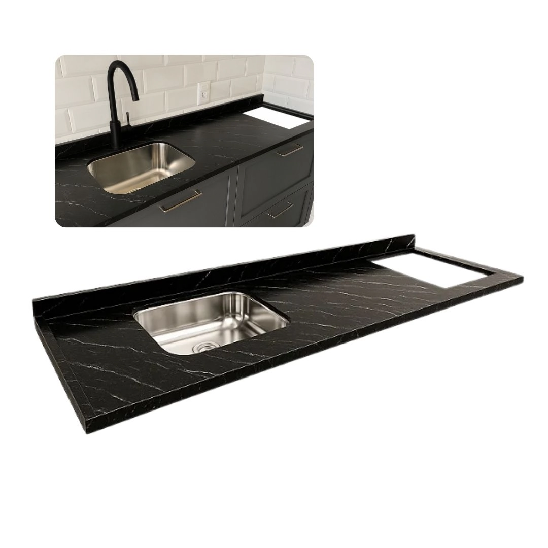 Pia De Cozinha Granito 200cm Preto Via Lactea Cooktop E Cuba  Preto Via Lactea