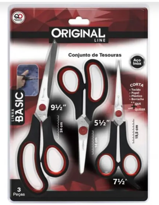 Conjunto Tesoura Para Cabelo Preta Inox Original Line Basic 3 Unidades