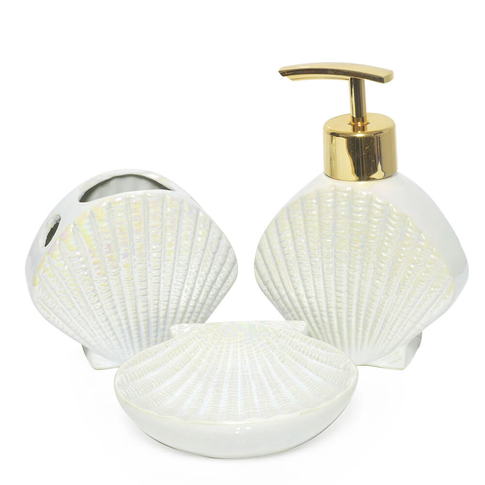 Kit Para Banheiro Lavabo 3 Peças Sereia Concha Perolado Branco