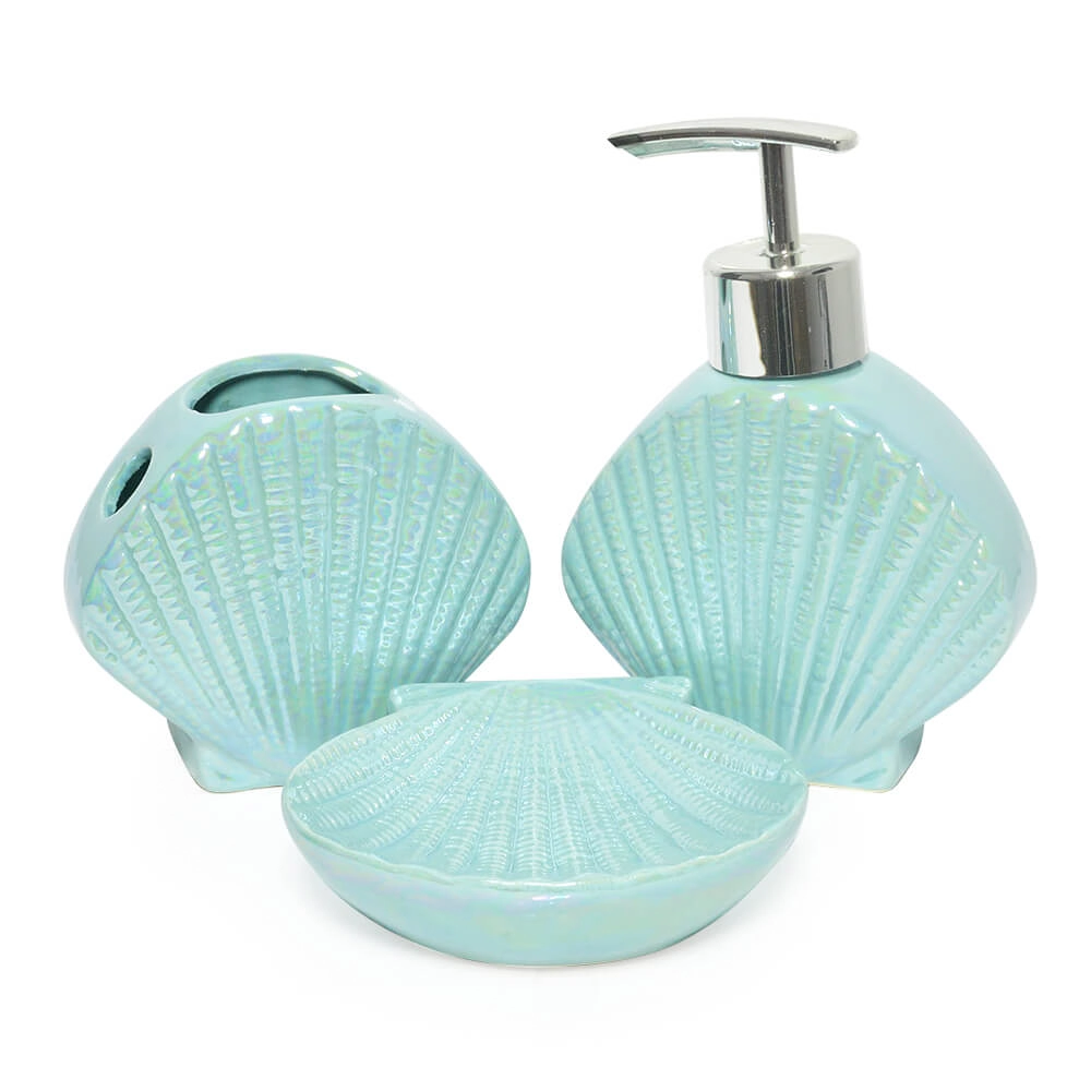 Kit Para Banheiro Lavabo 3 Peças Sereia Concha Perolado Verde
