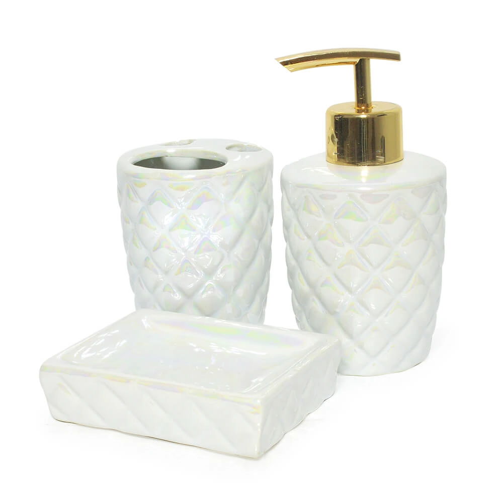 Kit Para Banheiro Lavabo 3 Peças Sereia Escamas Perolado Branco