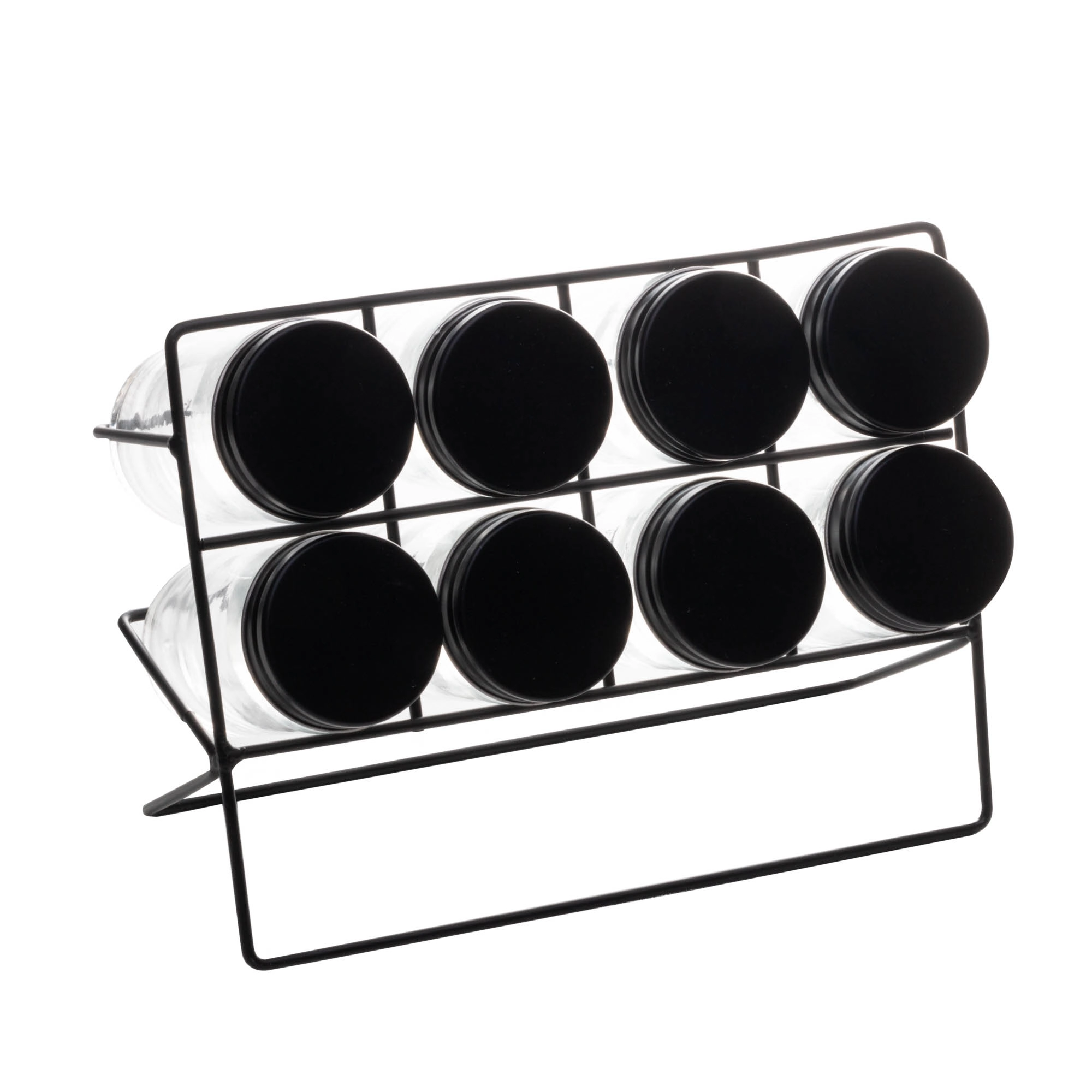 Cj 8 Porta Temperos Em Vidro C/ Suporte Metal Preto Lyor