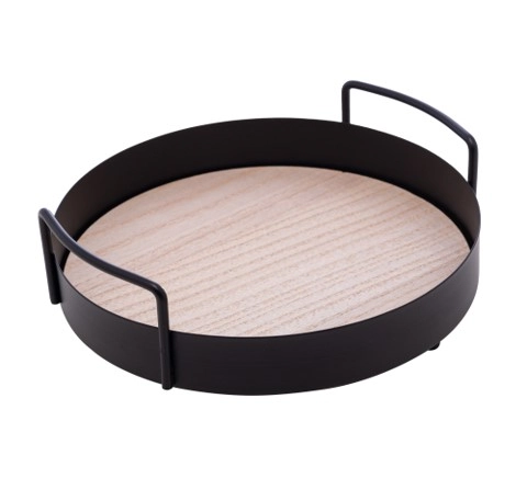 Bandeja Redonda Metal Fundo Mdf Alca Preto Fosco 20cmx6cm 2505 Lyor