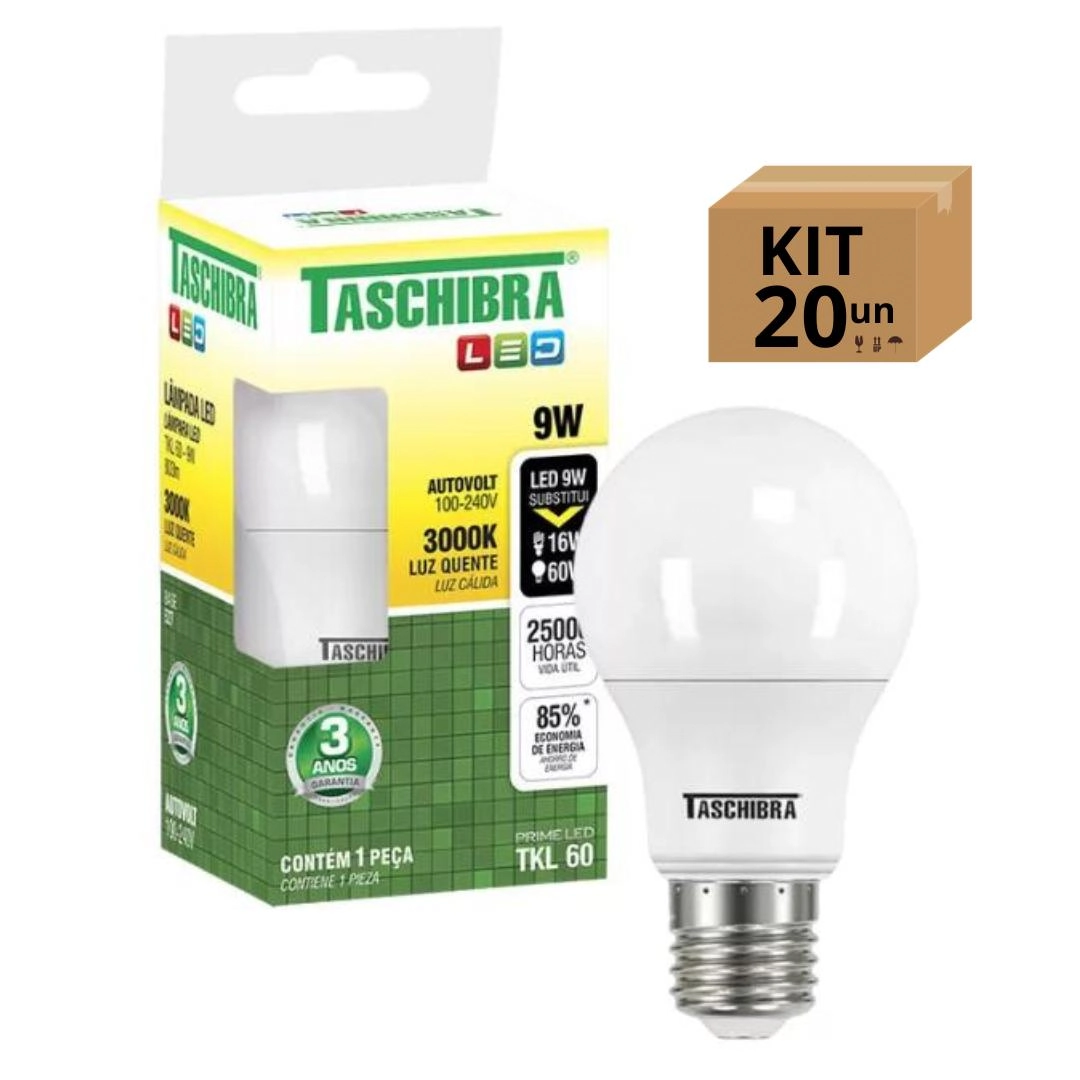 Kit 20un Lâmpada Bulbo Led Taschibra Tkl Bivolt E27 9w 3000k