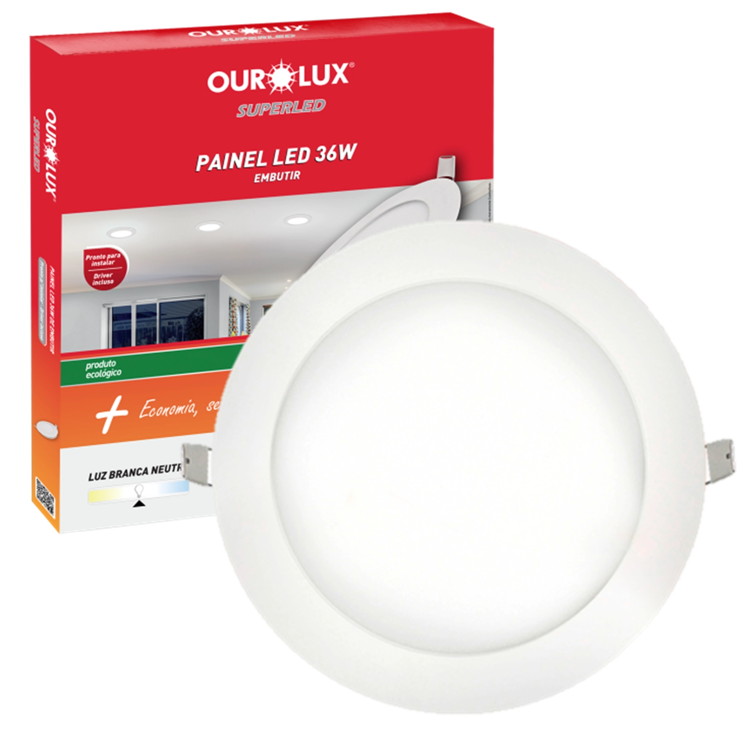 Plafon Painel Redondo Embutir 36w 40cm Luz Neutra 4000k