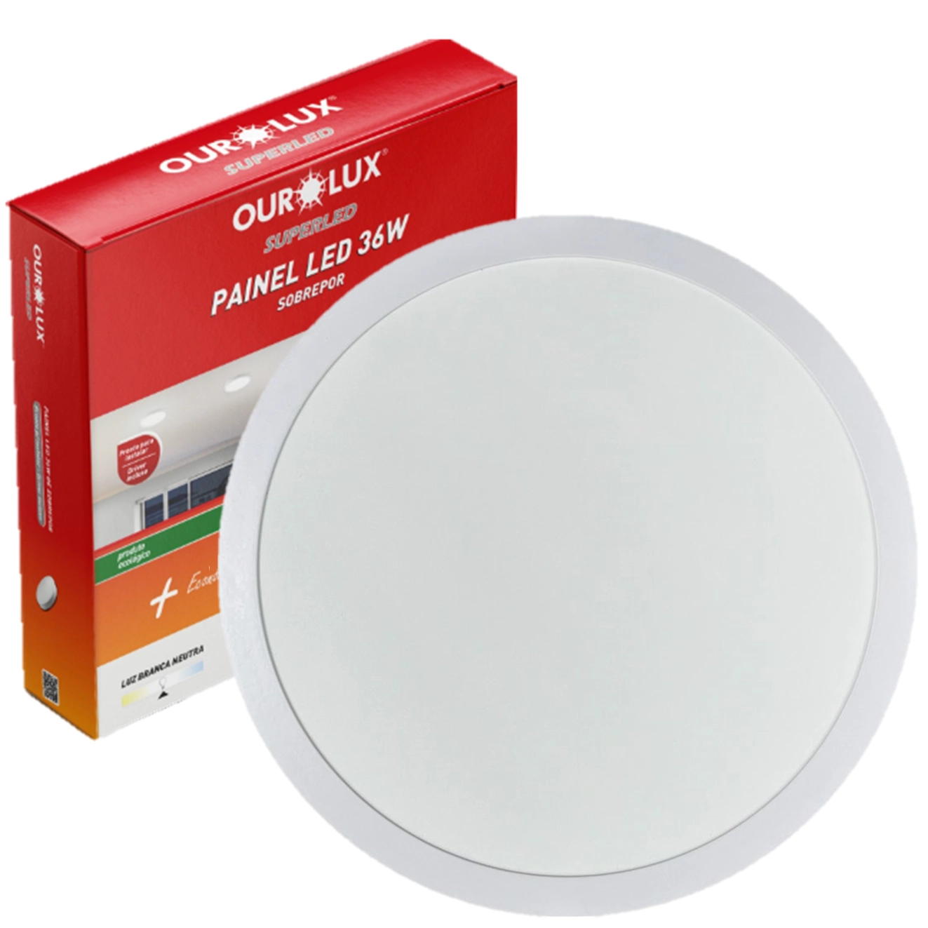 Plafon Painel Redondo Sobrepor 36w 40cm Branco Neutro 4000k