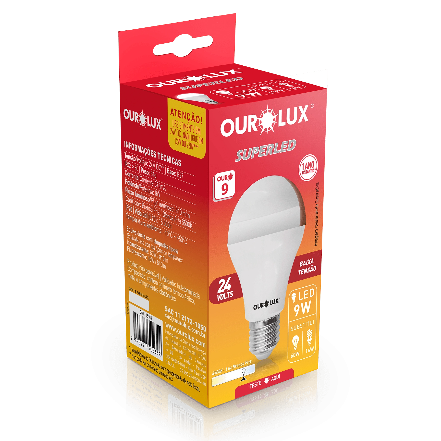 Lâmpada Led Bulbo A60 9w 24v E27 6500k