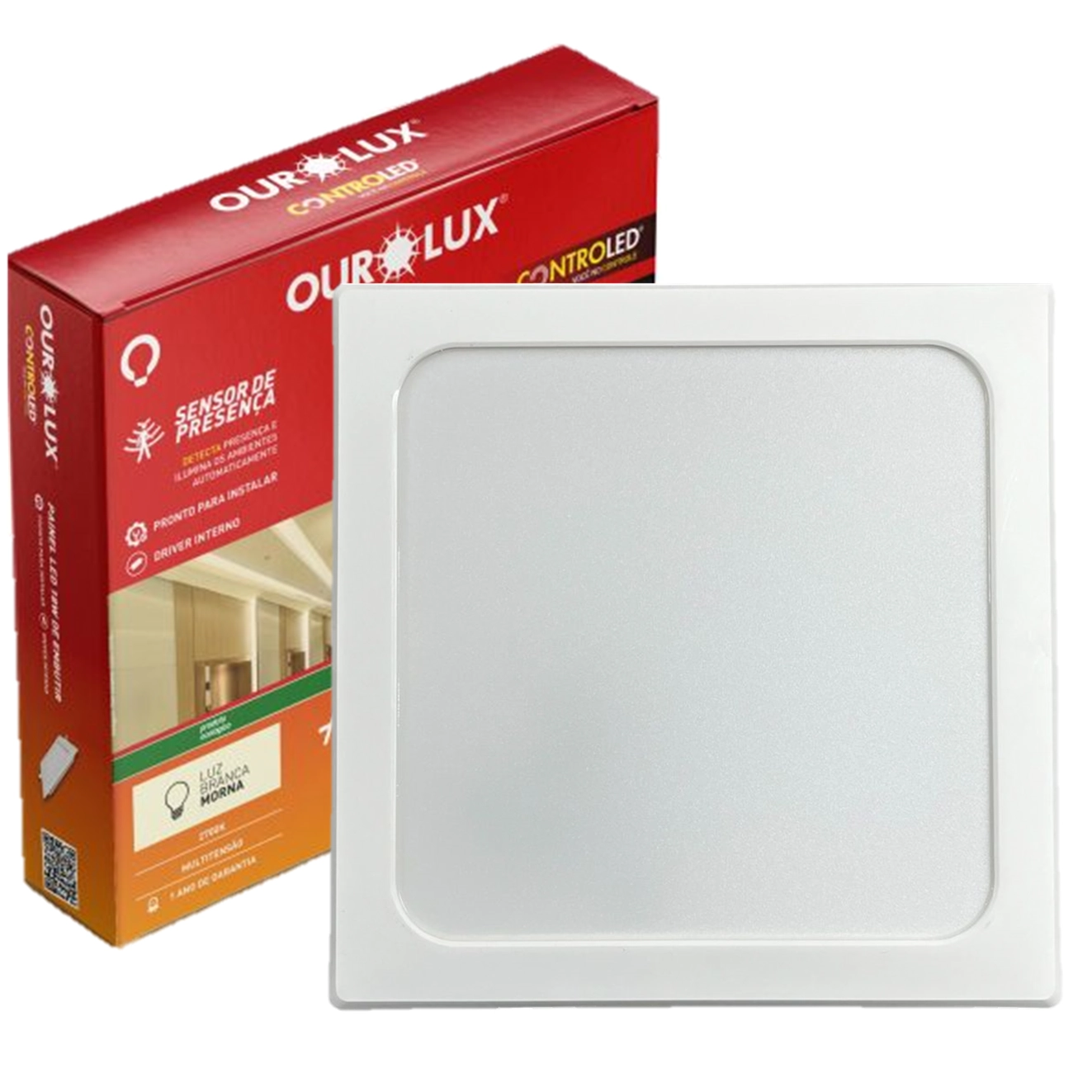 Plafon Quadrado Embutir 18w Sensor Presença 2700k Amarela