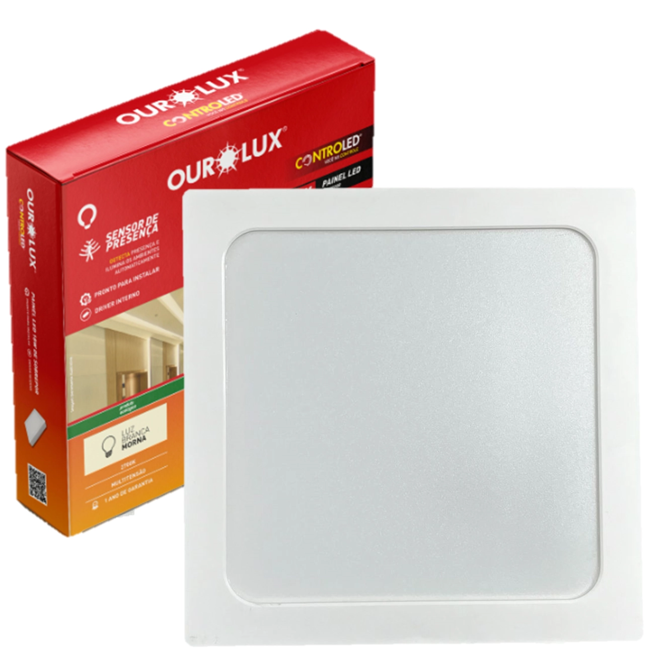 Plafon Quadrado Sobrepor 18w Sensor Presença 2700k Amarela