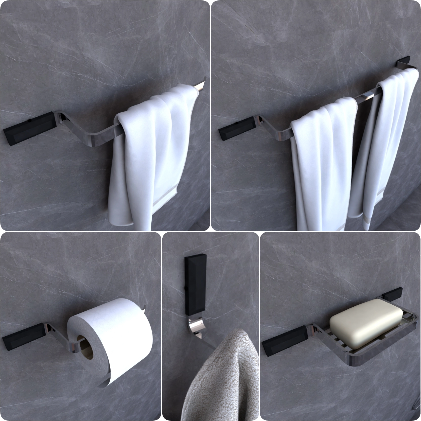 Kit Acessórios Para Banheiro Cromado E Preto Empire 5 Peças
