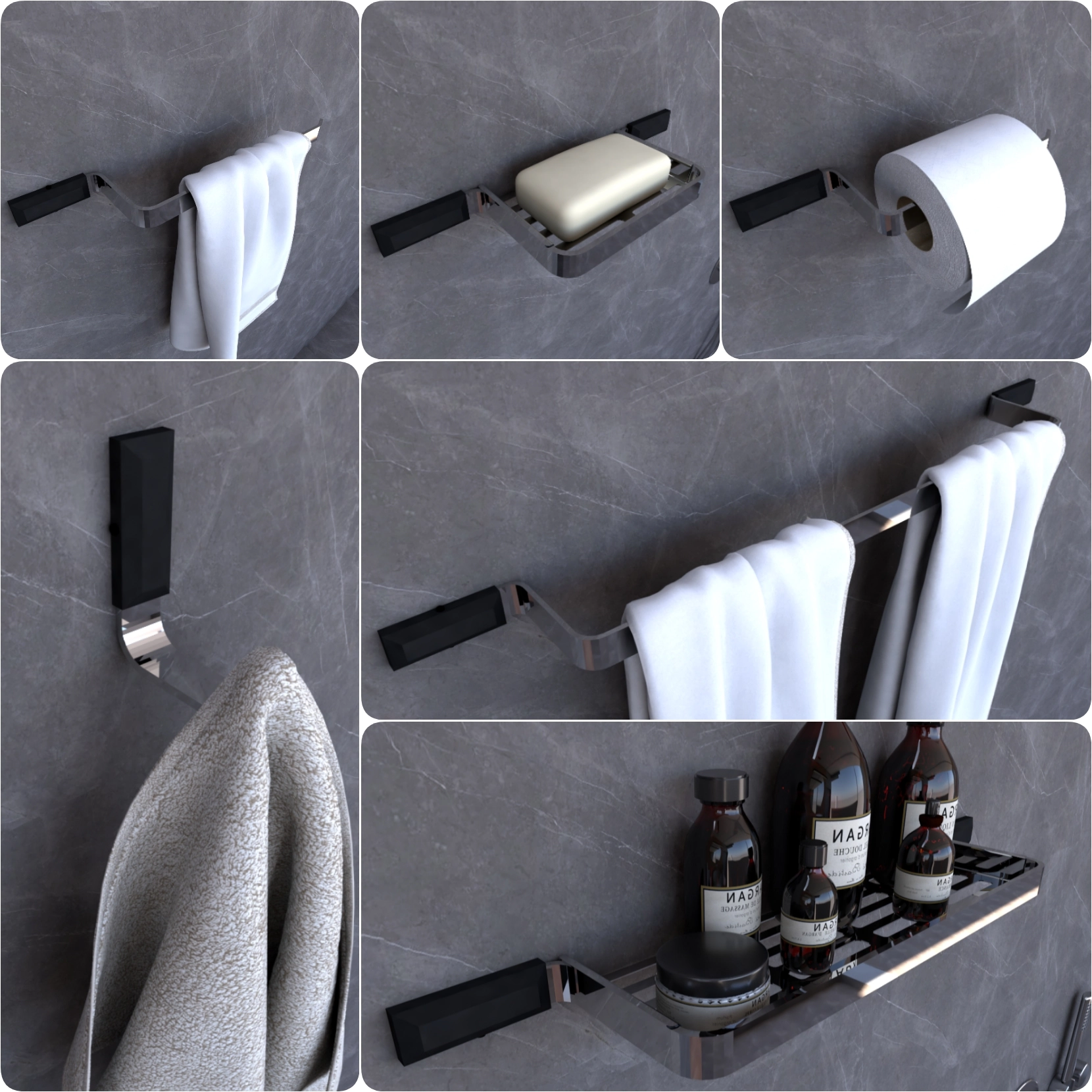 Kit Acessórios Para Banheiro Cromado E Preto Empire 6 Peças