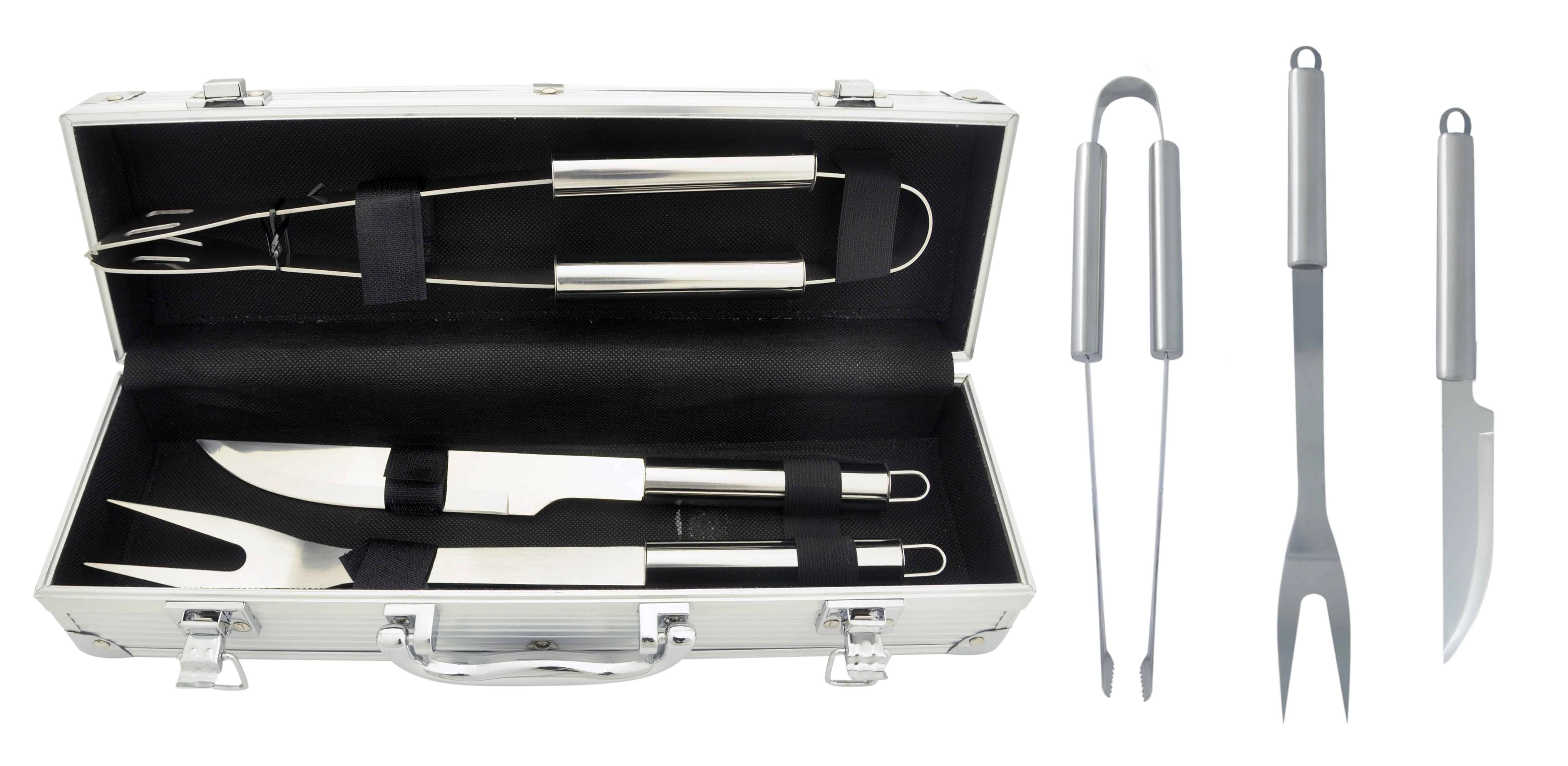 Kit Churrasco 3 Peças Garfo Faca E Pegador Inox Com Maleta