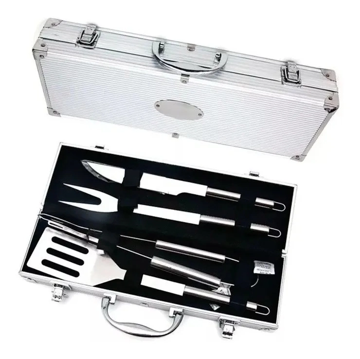 Kit Churrasco 4 Peças Garfo Faca Pegador Espátula Inox Com Maleta